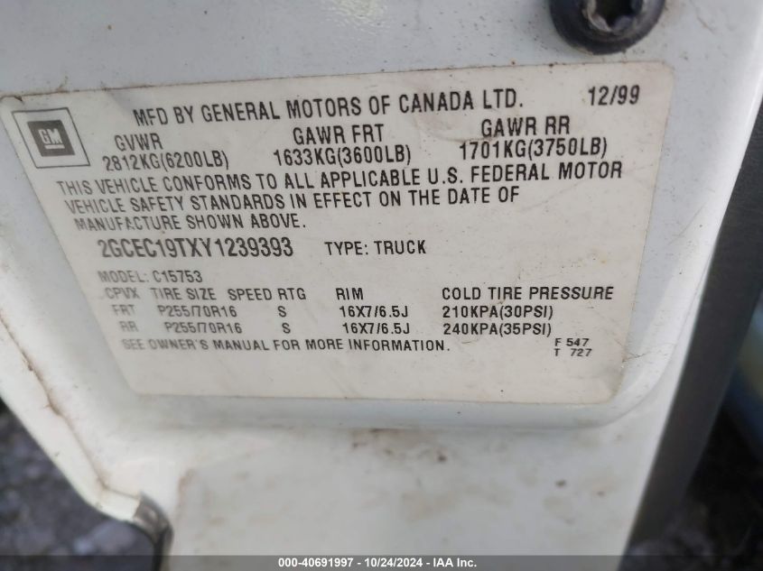 2000 Chevrolet Silverado 1500 Ls VIN: 2GCEC19TXY1239393 Lot: 40691997