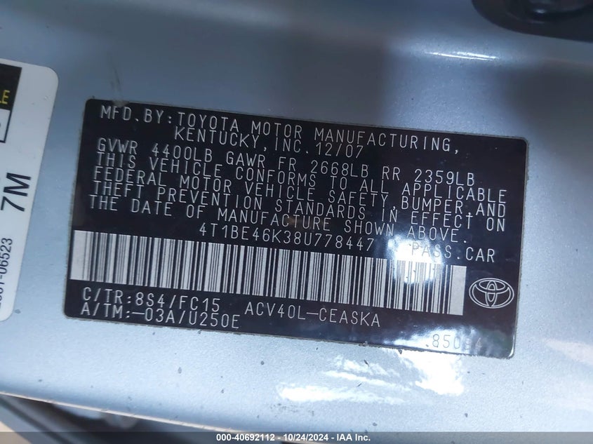 2008 Toyota Camry Se VIN: 4T1BE46K38U778447 Lot: 40692112