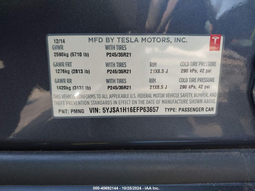 2014 Tesla Model S P85 VIN: 5YJSA1H16EFP63657 Lot: 40692144