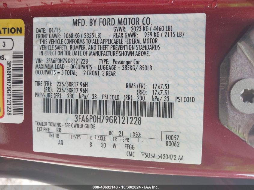 VIN 3FA6P0H79GR121228 2016 Ford Fusion, SE no.9