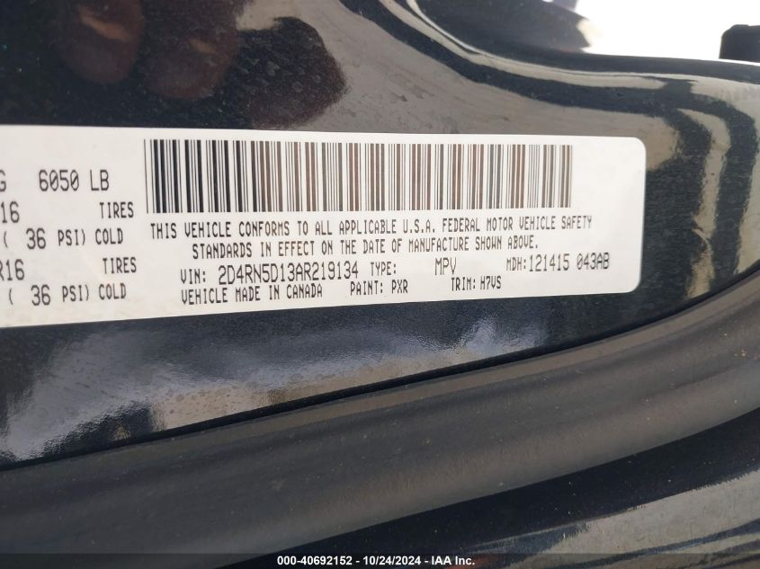 2010 Dodge Grand Caravan Sxt VIN: 2D4RN5D13AR219134 Lot: 40692152