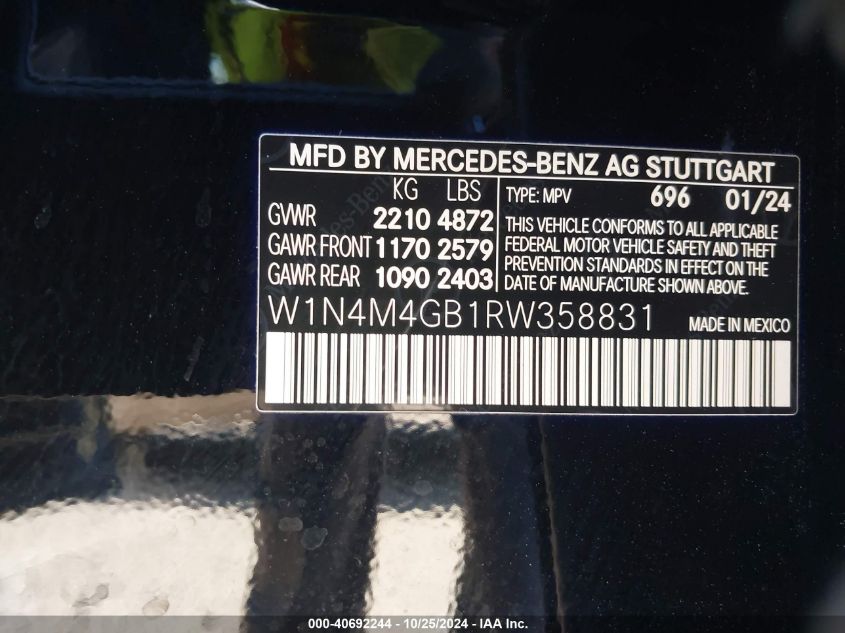 2024 Mercedes-Benz Glb 250 VIN: W1N4M4GB1RW358831 Lot: 40692244