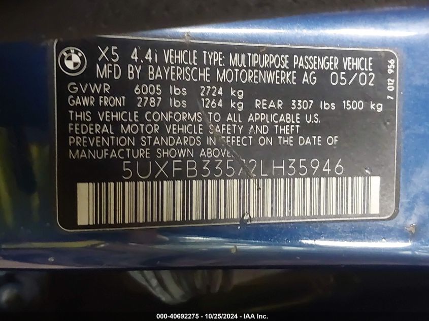 2002 BMW X5 4.4I VIN: 5UXFB33572LH35946 Lot: 40692275