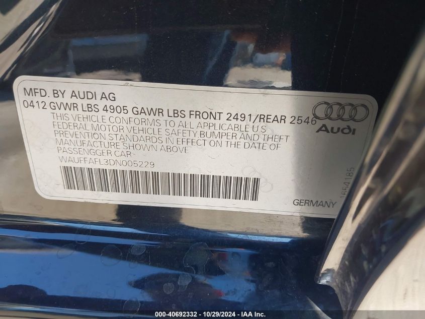 2013 Audi A4 2.0T Premium VIN: WAUFFAFL3DN005229 Lot: 40692332