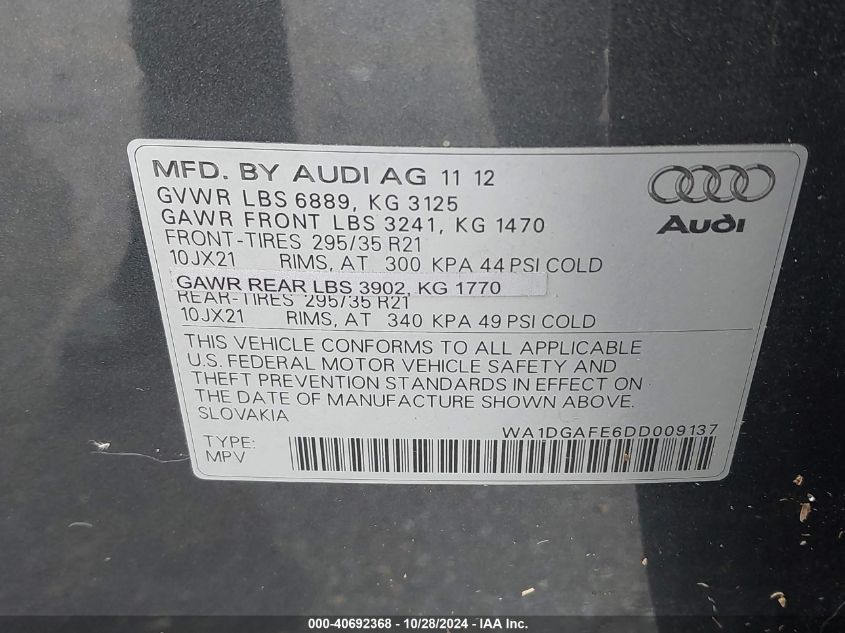 2013 Audi Q7 Prestige VIN: WA1DGAFE6DD009137 Lot: 40692368