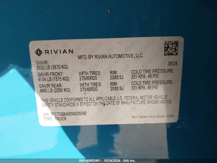 2025 Rivian R1T Adventure VIN: 7FCTGBAA6SN035542 Lot: 40692461