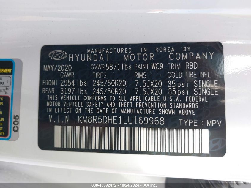 2020 Hyundai Palisade Limited VIN: KM8R5DHE1LU169968 Lot: 40692472