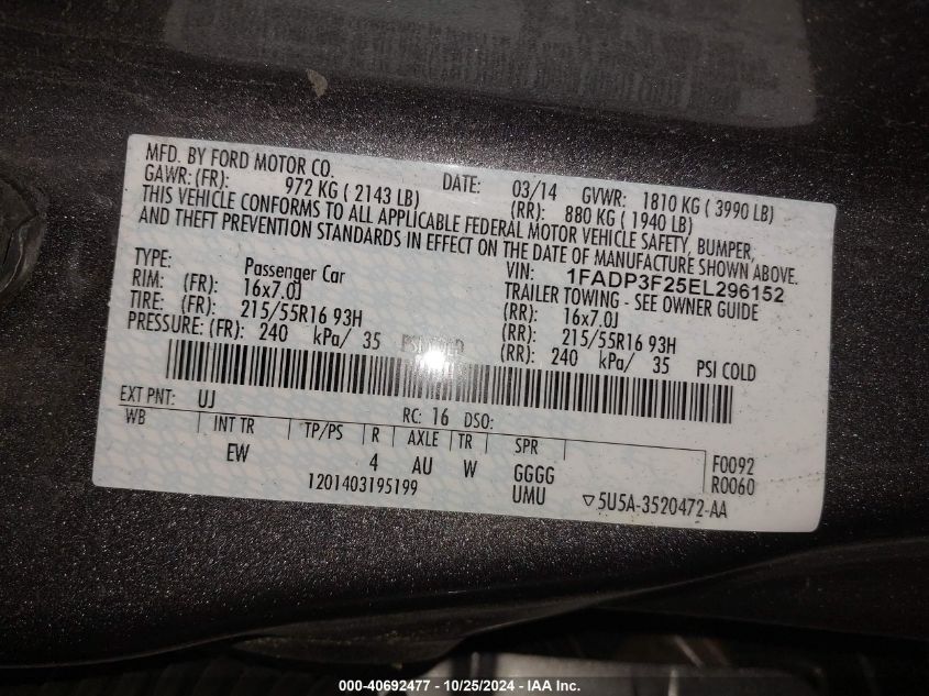 2014 FORD FOCUS SE - 1FADP3F25EL296152