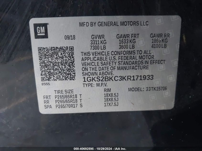 VIN 1GKS2BKC3KR171933 2019 GMC Yukon, Slt no.9