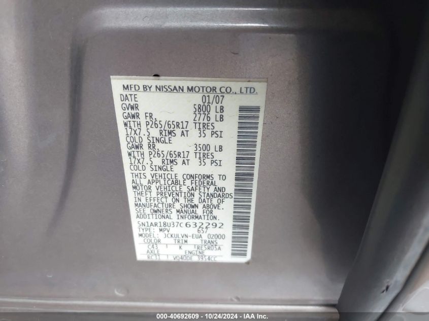 2007 Nissan Pathfinder Le VIN: 5N1AR18U37C632292 Lot: 40692609