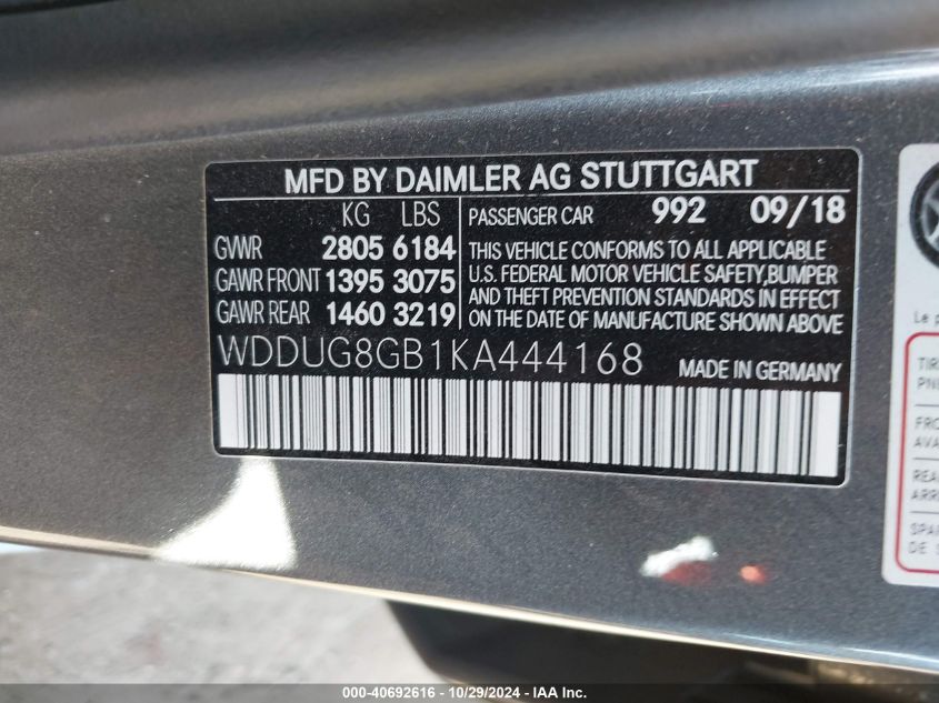 2019 Mercedes-Benz S 560 4Matic VIN: WDDUG8GB1KA444168 Lot: 40692616