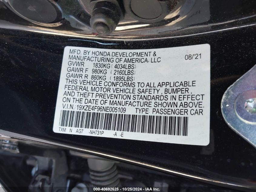 2022 Honda Insight Touring VIN: 19XZE4F96NE005109 Lot: 40692625