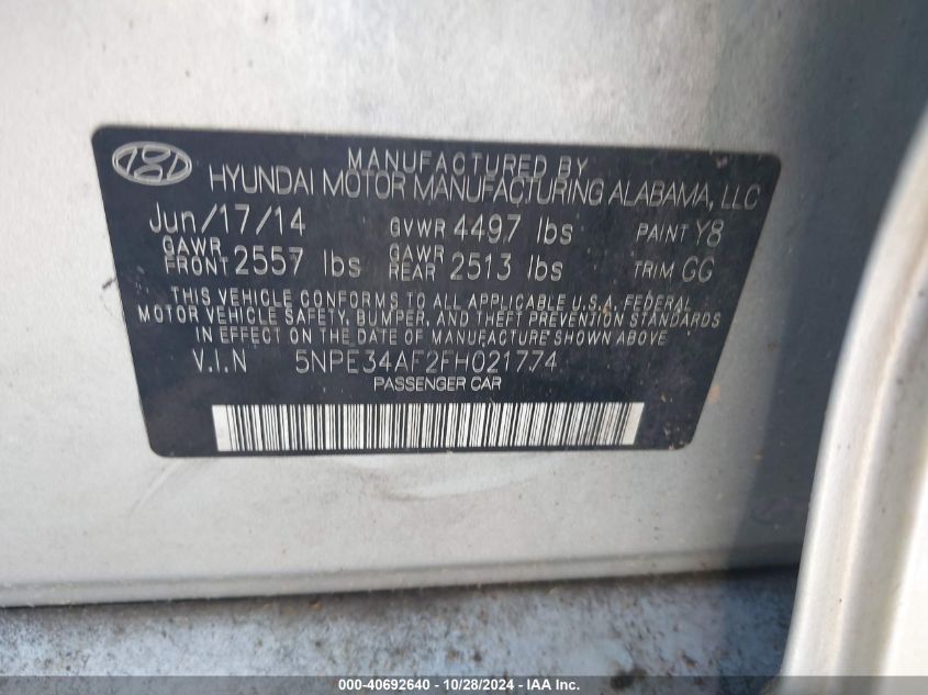 2015 Hyundai Sonata Sport VIN: 5NPE34AF2FH021774 Lot: 40692640