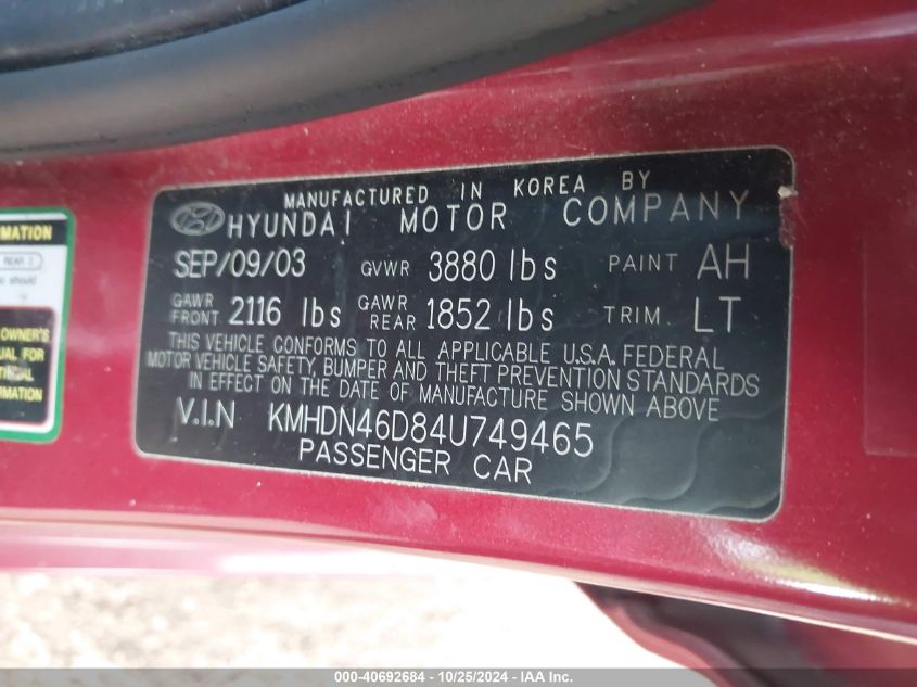 2004 Hyundai Elantra Gls/Gt VIN: KMHDN46D84U749465 Lot: 40692684