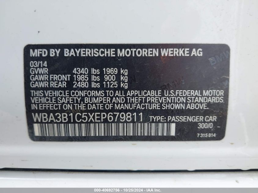 2014 BMW 320I VIN: WBA3B1C5XEP679811 Lot: 40692756