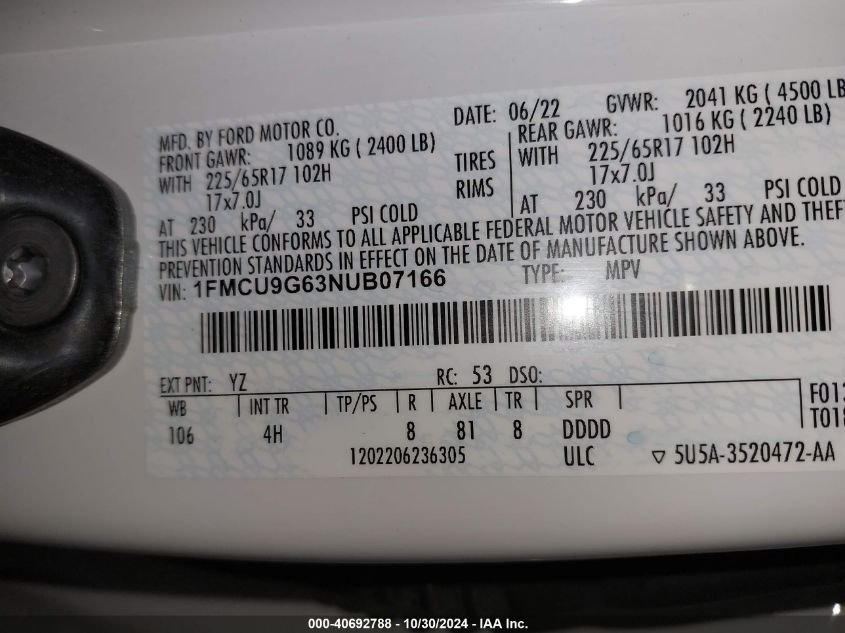 2022 Ford Escape Se VIN: 1FMCU9G63NUB07166 Lot: 40692788