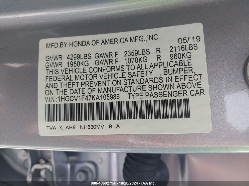 VIN 1HGCV1F47KA105986 2019 Honda Accord, EX no.9