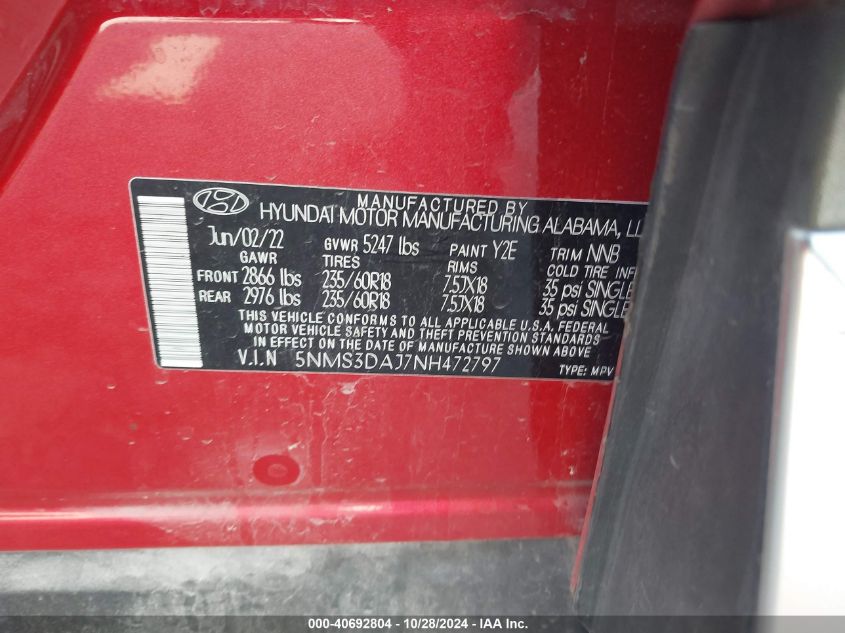 2022 HYUNDAI SANTA FE SEL - 5NMS3DAJ7NH472797