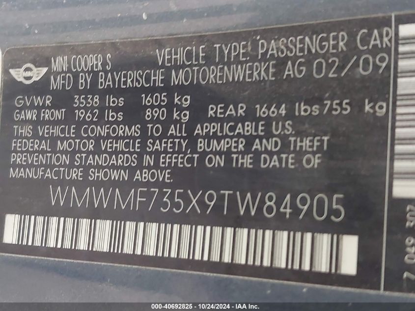 2009 Mini Cooper S VIN: WMWMF735X9TW84905 Lot: 40692825