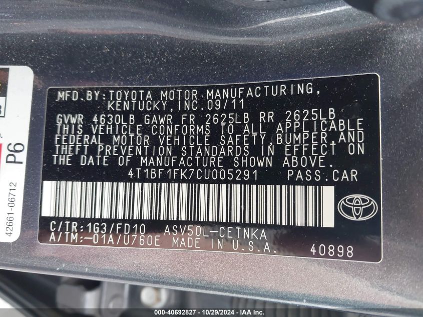 2012 Toyota Camry Le VIN: 4T1BF1FK7CU005291 Lot: 40692827