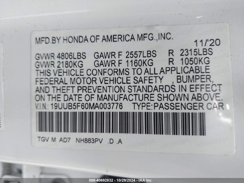 2021 Acura Tlx Advance Package VIN: 19UUB5F60MA003776 Lot: 40692832