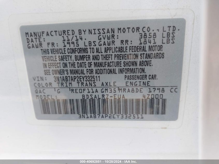 VIN 3N1AB7AP2EY332511 2014 NISSAN SENTRA no.9