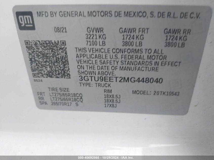 2021 GMC Sierra 1500 4Wd Short Box At4 VIN: 3GTU9EET2MG448040 Lot: 40692865