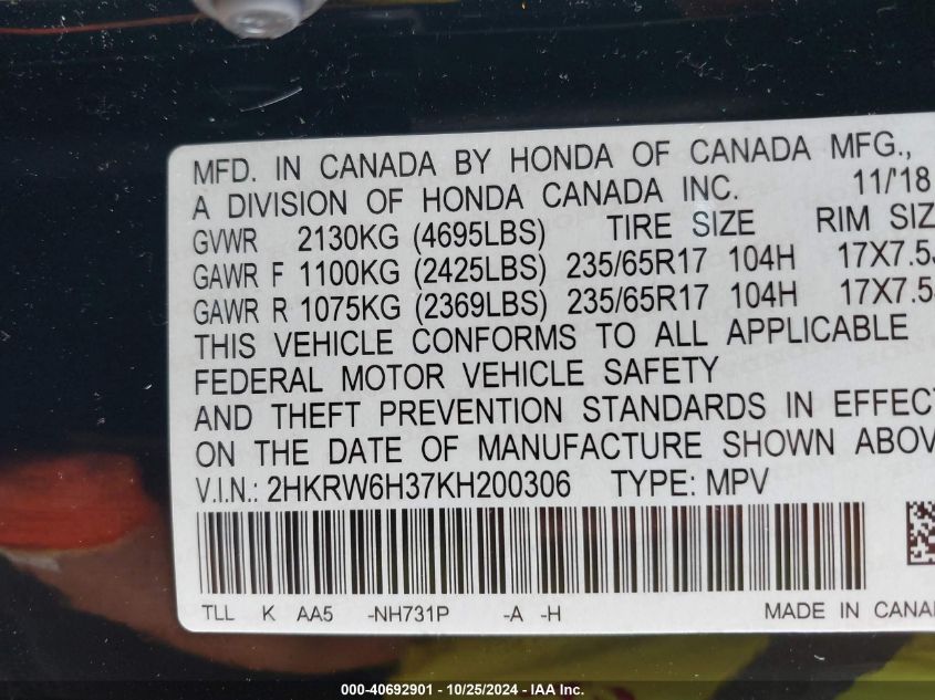 2019 Honda Cr-V Lx VIN: 2HKRW6H37KH200030 Lot: 40692901