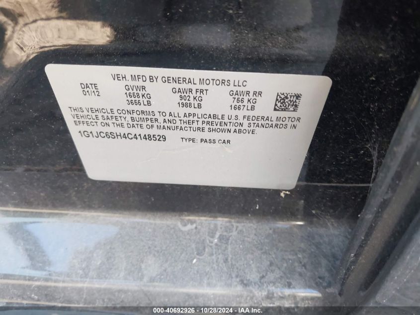 2012 Chevrolet Sonic 2Lt VIN: 1G1JC6SH4C4148529 Lot: 40692926