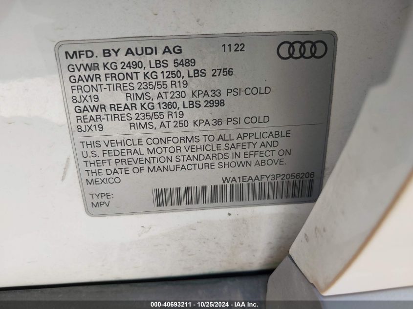 2023 Audi Q5 Premium Plus 45 Tfsi S Line Quattro VIN: WA1EAAFY3P2056206 Lot: 40693211