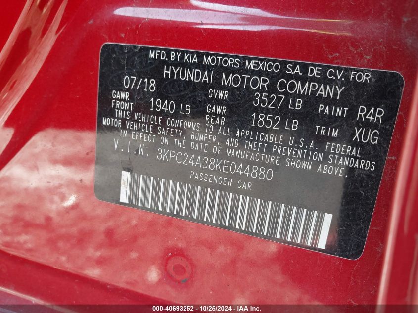 2019 Hyundai Accent Se VIN: 3KPC24A38KE044880 Lot: 40693252