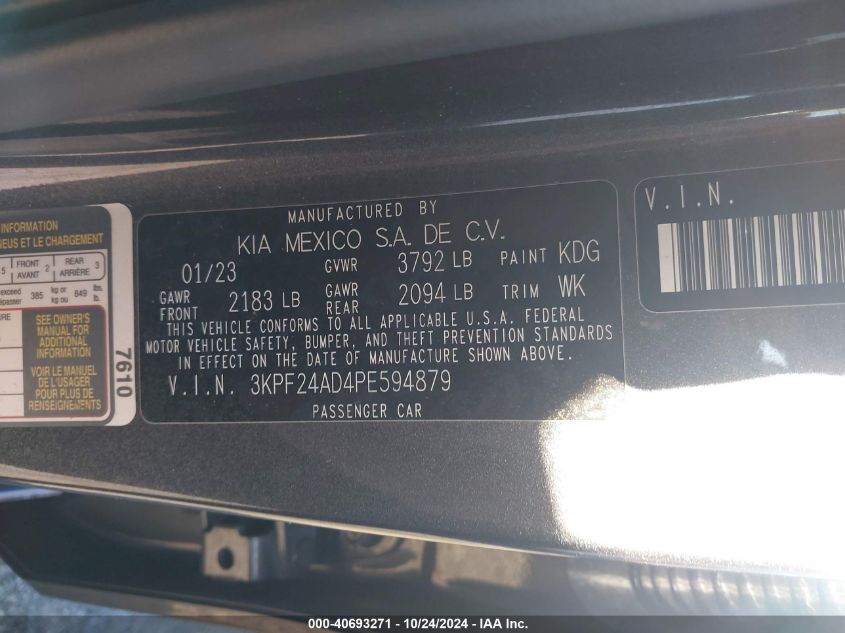 2023 Kia Forte Lxs VIN: 3KPF24AD4PE594879 Lot: 40693271