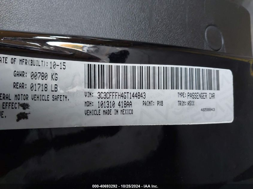 2016 Fiat 500 Abarth VIN: 3C3CFFFH4GT144843 Lot: 40693292