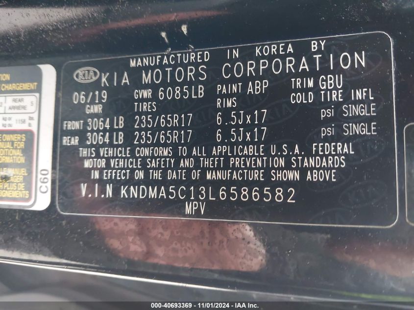 2020 Kia Sedona L VIN: KNDMA5C13L6586582 Lot: 40693369