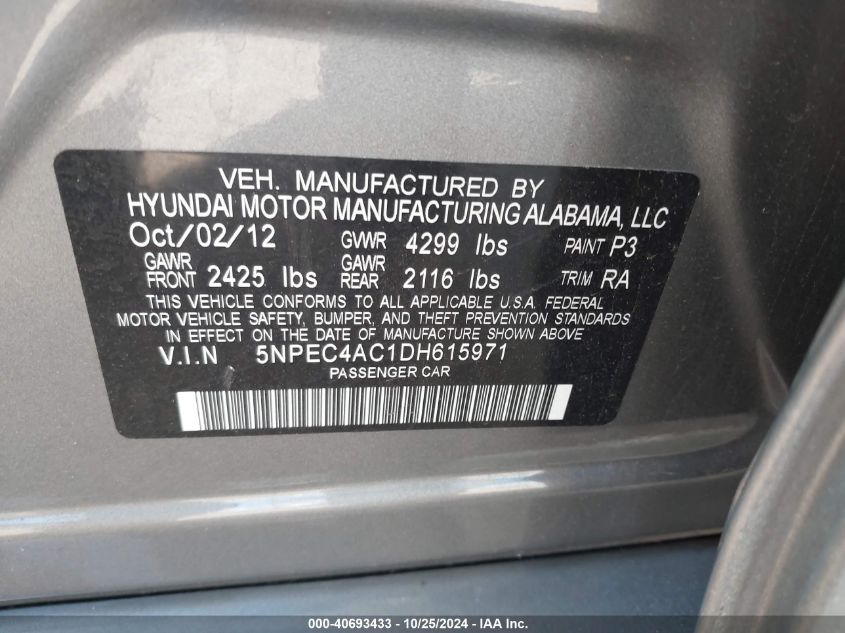 2013 Hyundai Sonata Limited VIN: 5NPEC4AC1DH615971 Lot: 40693433