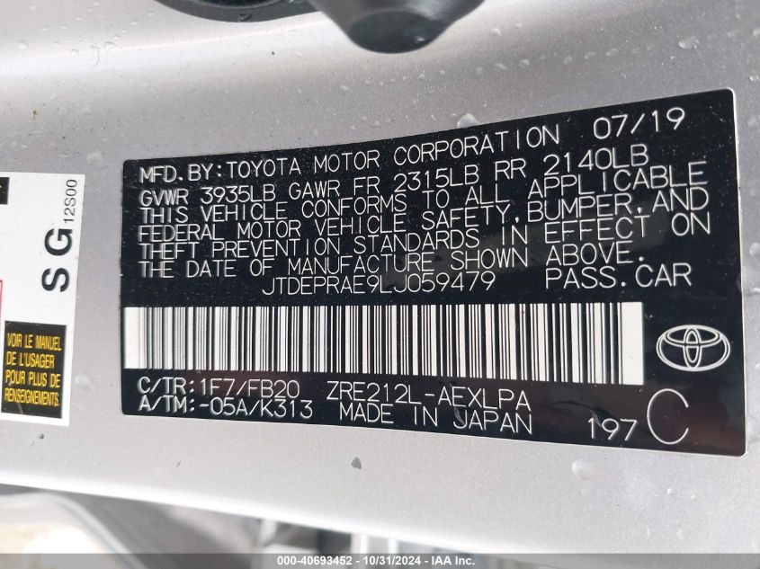 2020 TOYOTA COROLLA LE - JTDEPRAE9LJ059479