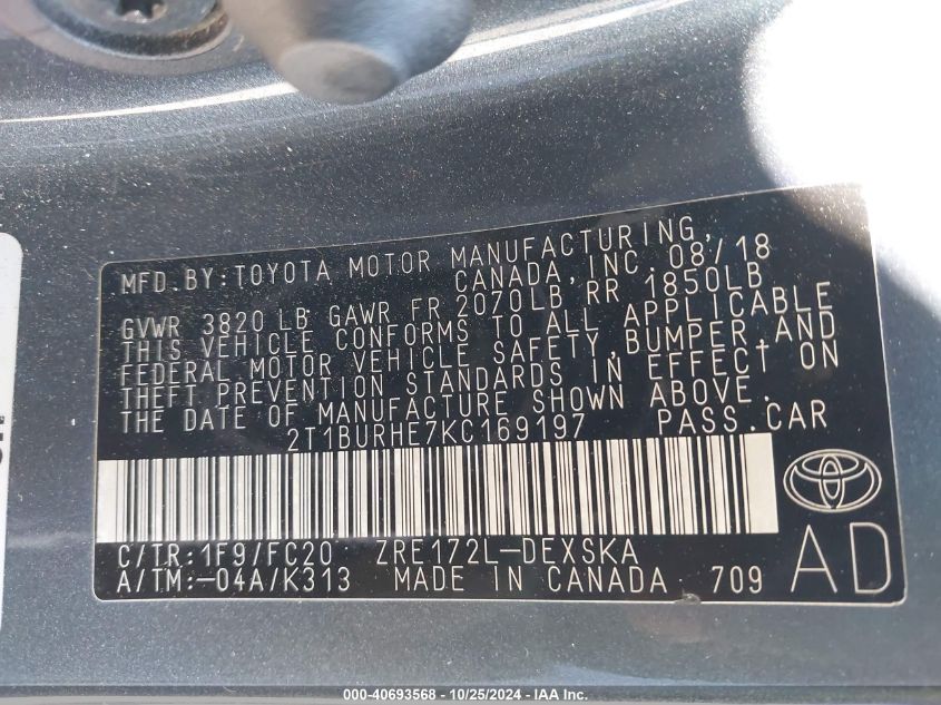 2019 TOYOTA COROLLA SE - 2T1BURHE7KC169197