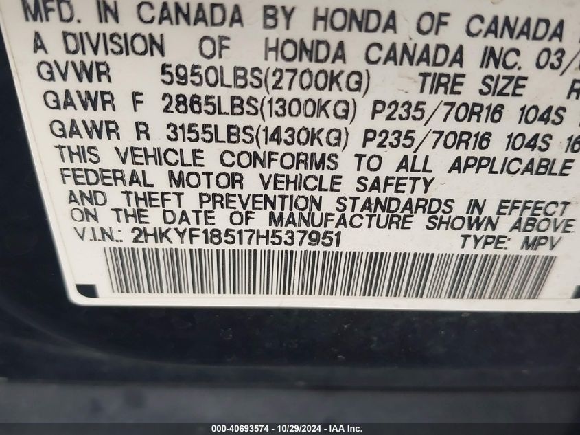 2007 Honda Pilot Ex-L VIN: 2HKYF18517H537951 Lot: 40693574