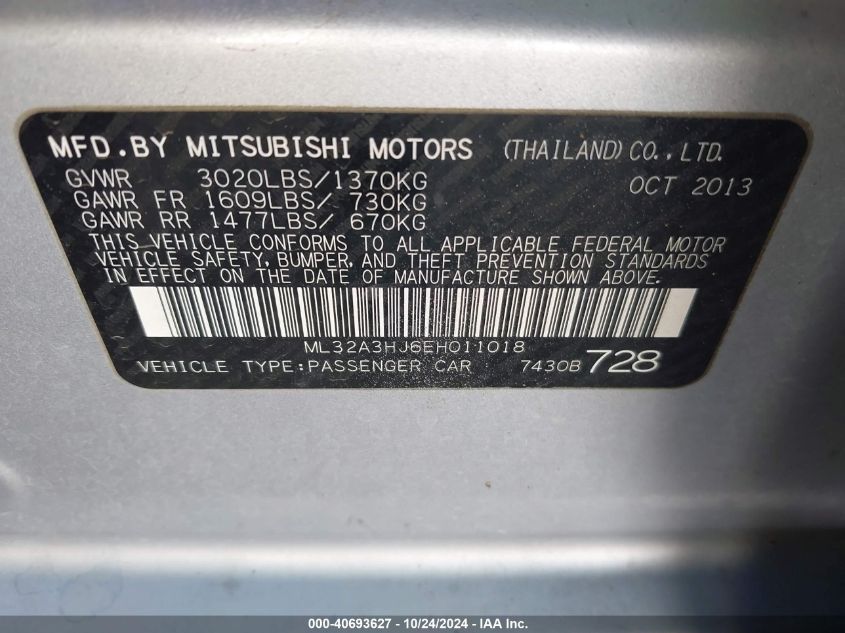 2014 Mitsubishi Mirage De VIN: ML32A3HJ6EH011018 Lot: 40693627