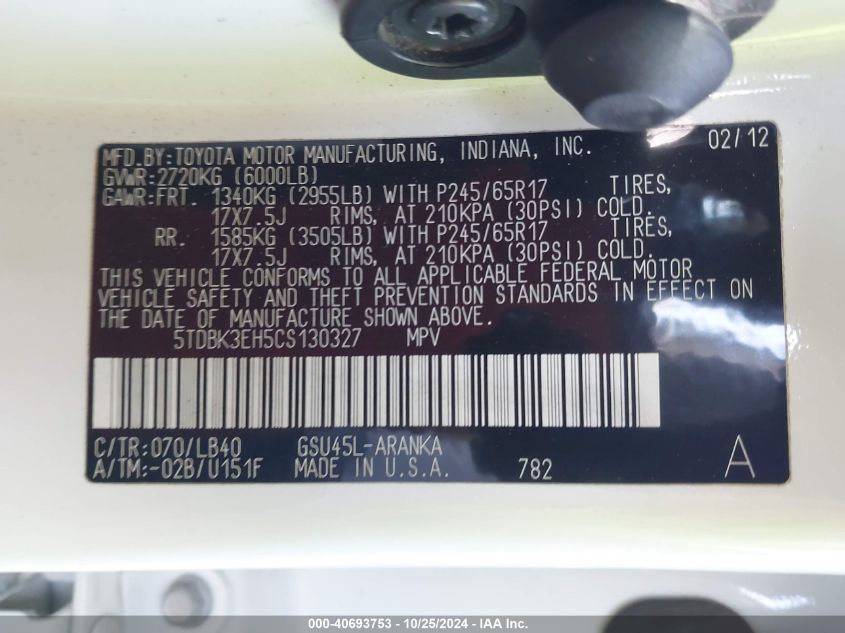 2012 Toyota Highlander Se V6 VIN: 5TDBK3EH5CS130327 Lot: 41778701