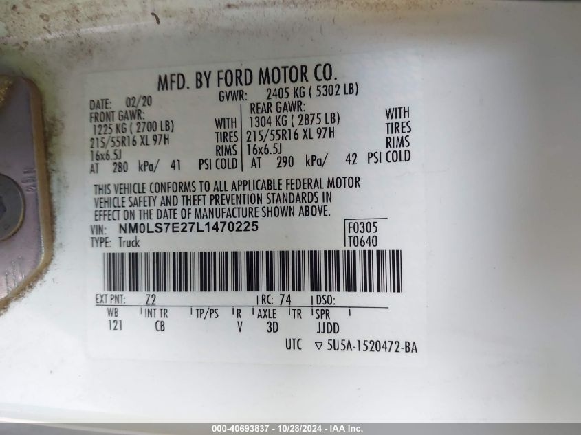 2020 Ford Transit Connect Xl VIN: NM0LS7E27L1470225 Lot: 40693837