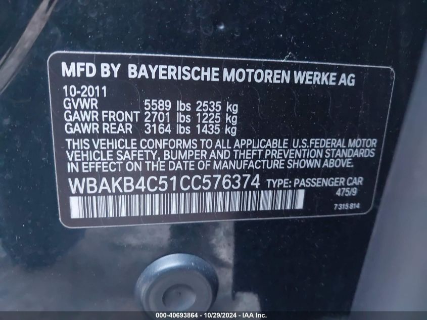 2012 BMW 740Li VIN: WBAKB4C51CC576374 Lot: 40693864