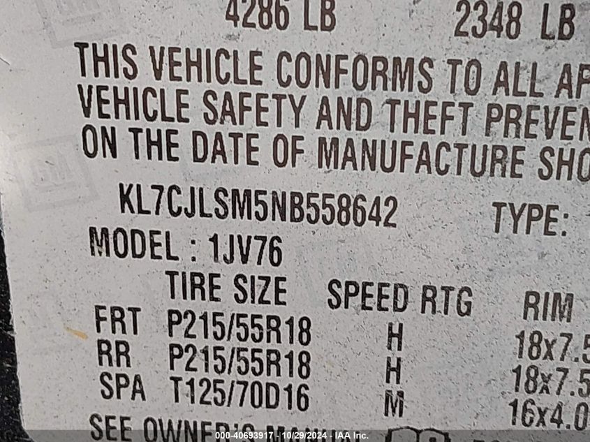 VIN KL7CJLSM5NB558642 2022 CHEVROLET TRAX FWD LT