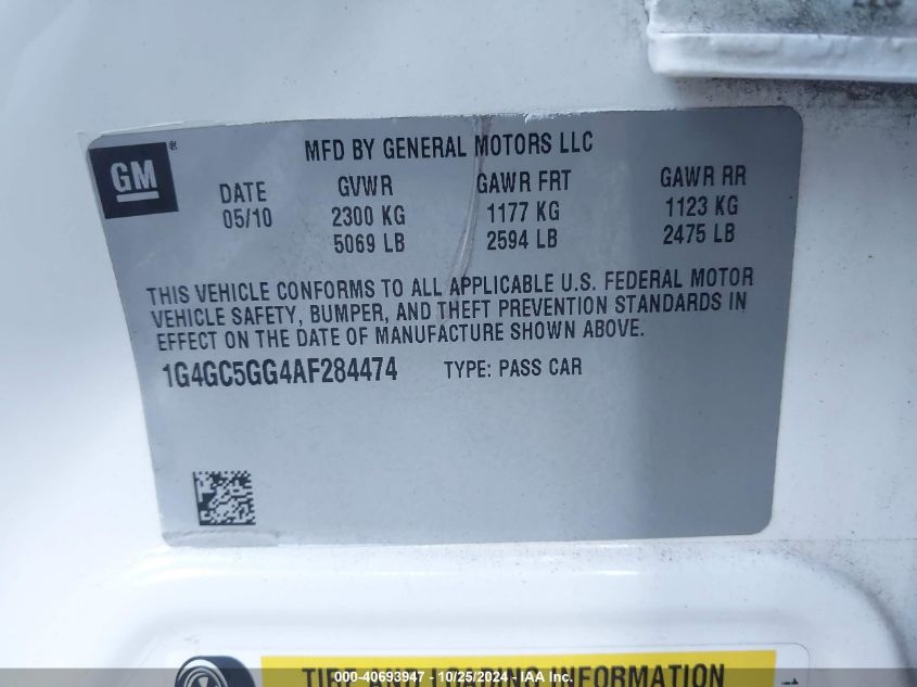 2010 Buick Lacrosse Cxl VIN: 1G4GC5GG4AF284474 Lot: 40693947