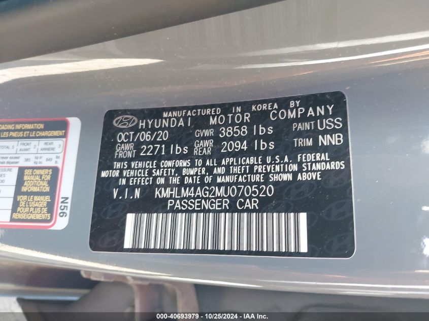 2021 Hyundai Elantra Sel VIN: KMHLM4AG2MU070520 Lot: 40693979