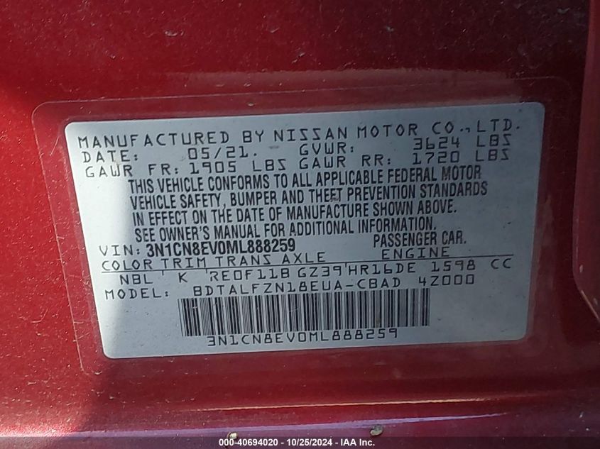 VIN 3N1CN8EV0ML888259 2021 Nissan Versa, Sv Xtronic... no.9