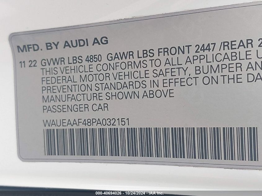 2023 Audi A4 Premium Plus 45 Tfsi S Line Quattro S Tronic VIN: WAUEAAF48PA032151 Lot: 40694026