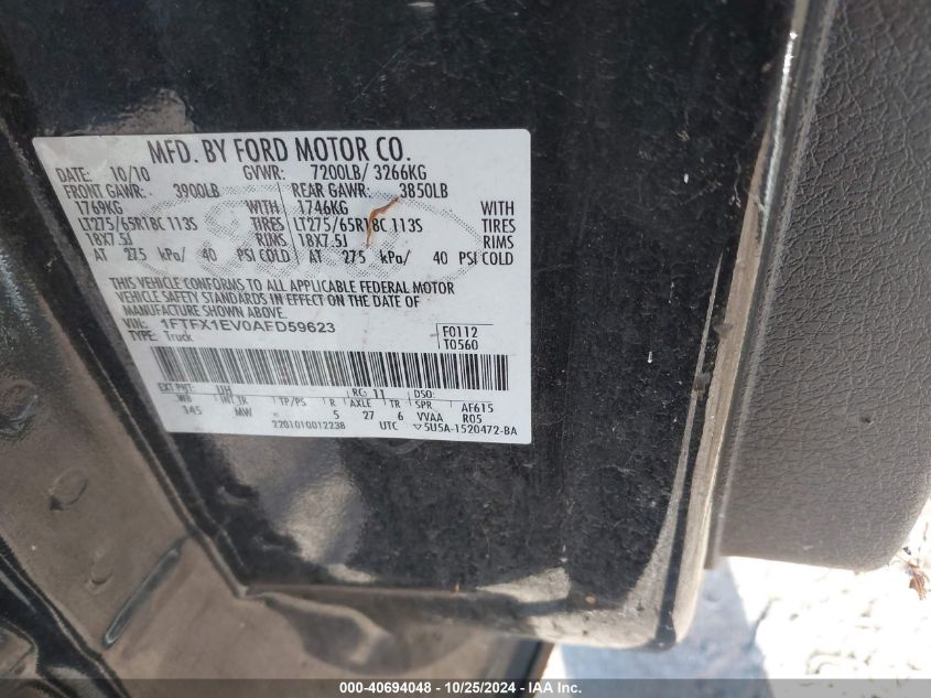 2010 Ford F-150 Fx4/Lariat/Xl/Xlt VIN: 1FTFX1EV0AFD59623 Lot: 40694048