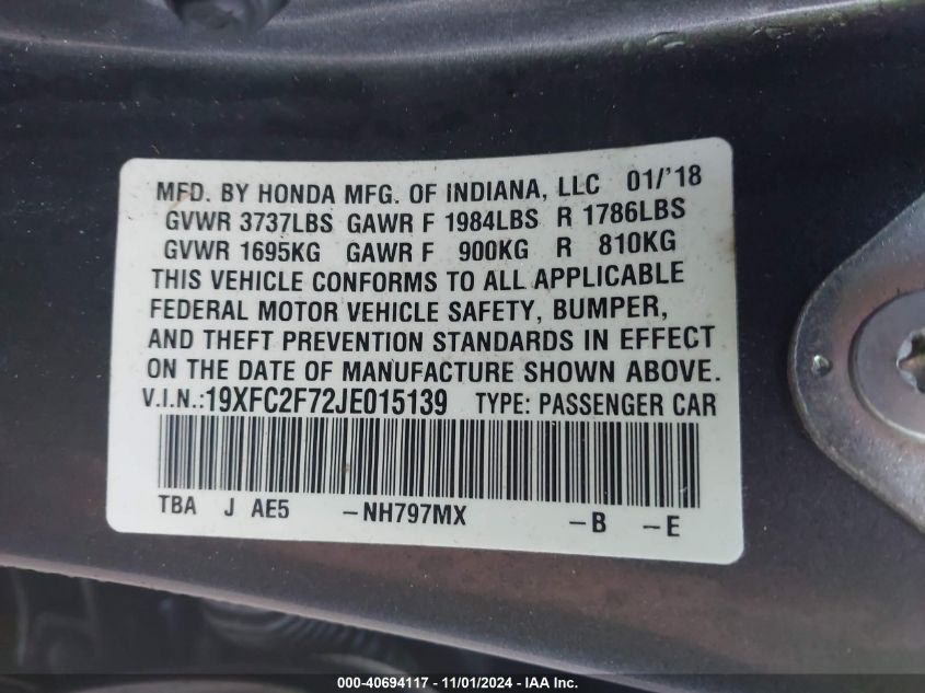 2018 Honda Civic Ex VIN: 19XFC2F72JE015139 Lot: 40694117