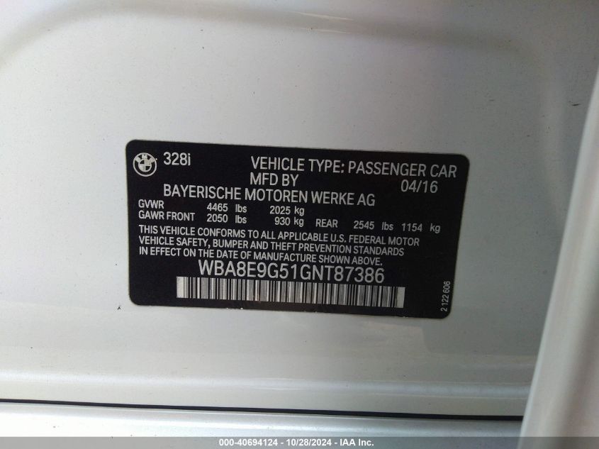 2016 BMW 328I - WBA8E9G51GNT87386